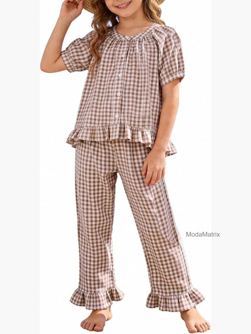 Girls 2 Piece Cotton Plaid Outfit Short Sleeve Ruffle Peplum Shirt Pants Set